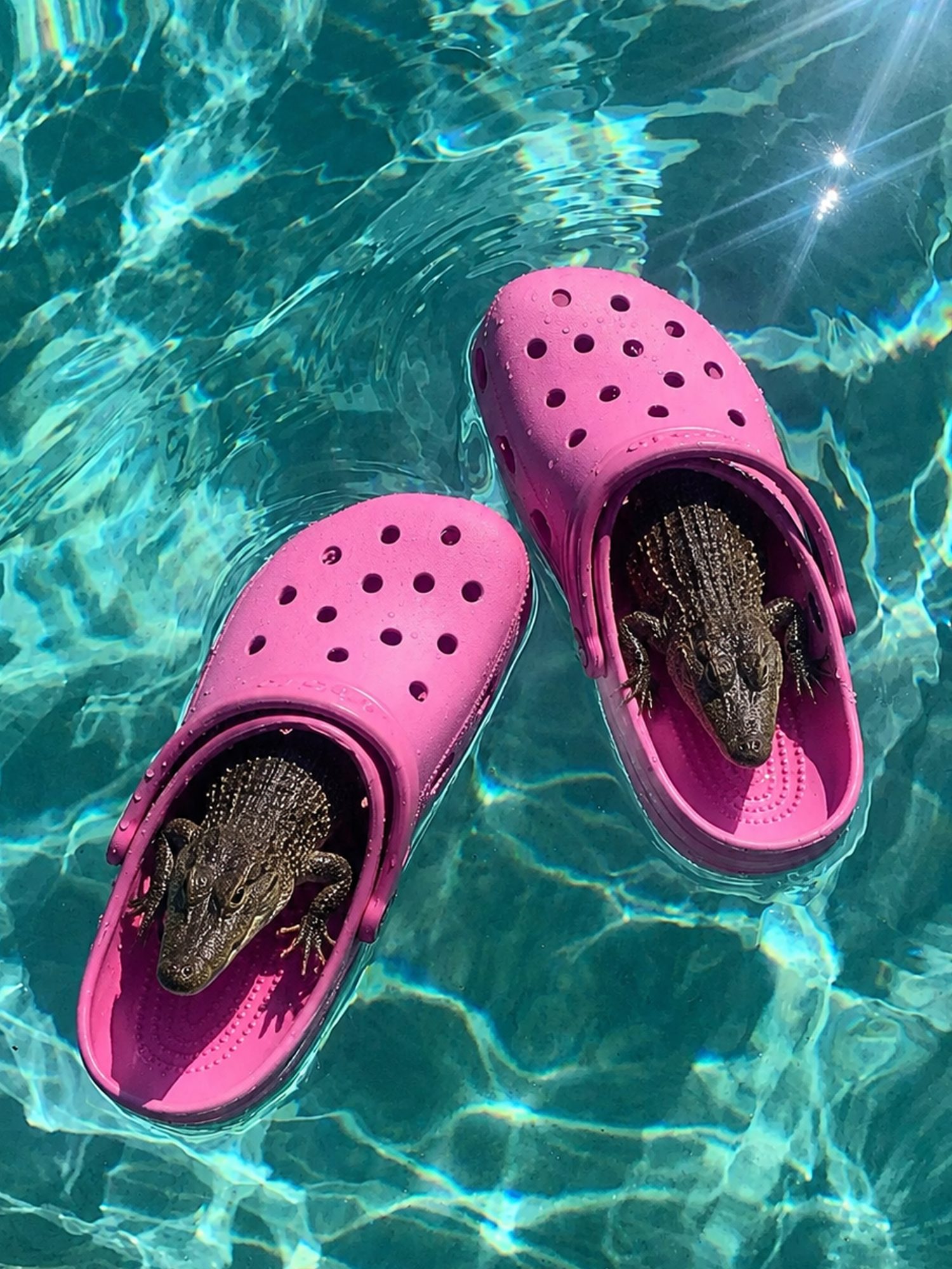 Baby crocodiles floating in pink Crocs in a pool