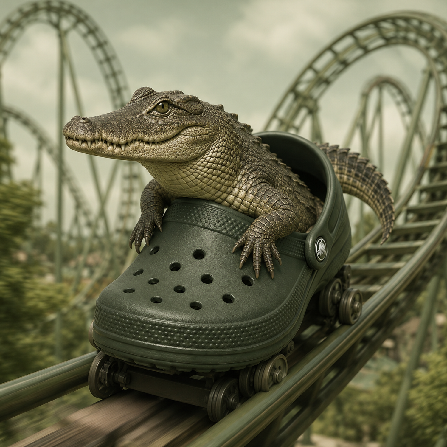Crocodile riding a Croc down a rollercoaster